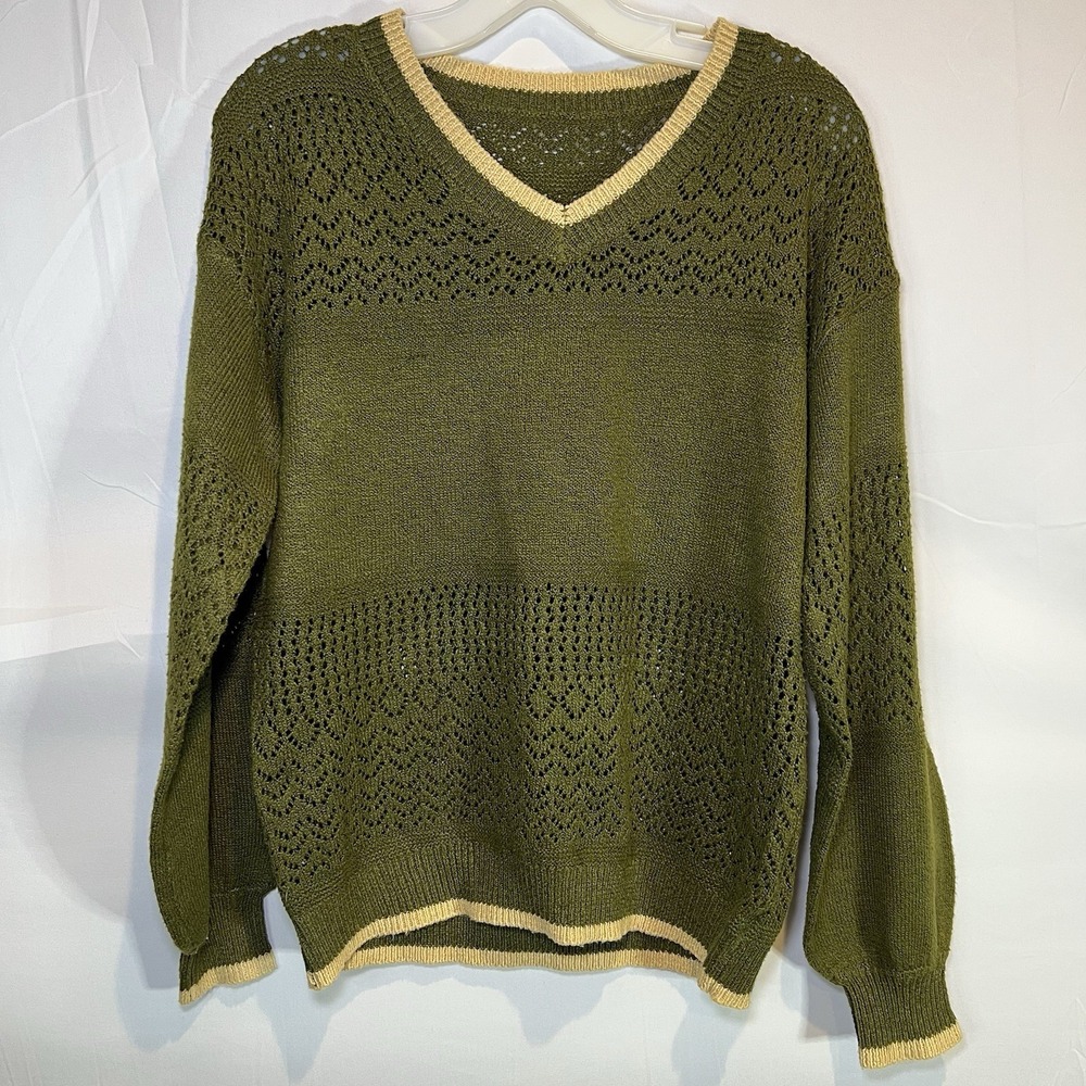 Olive Green Sweater Women's Small V Neck Pullover Ribbed Eyelets Trim Crochet